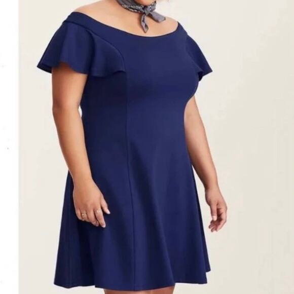 Torrid A-Line Dress 1X Blue Off The Shoulder Flutter Sleeve Mini Shift Versatile - Picture 1 of 10